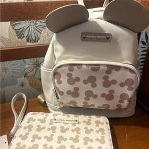 Disney Cream and Brown Mickey Mouse Backpack and Wallet.NWT